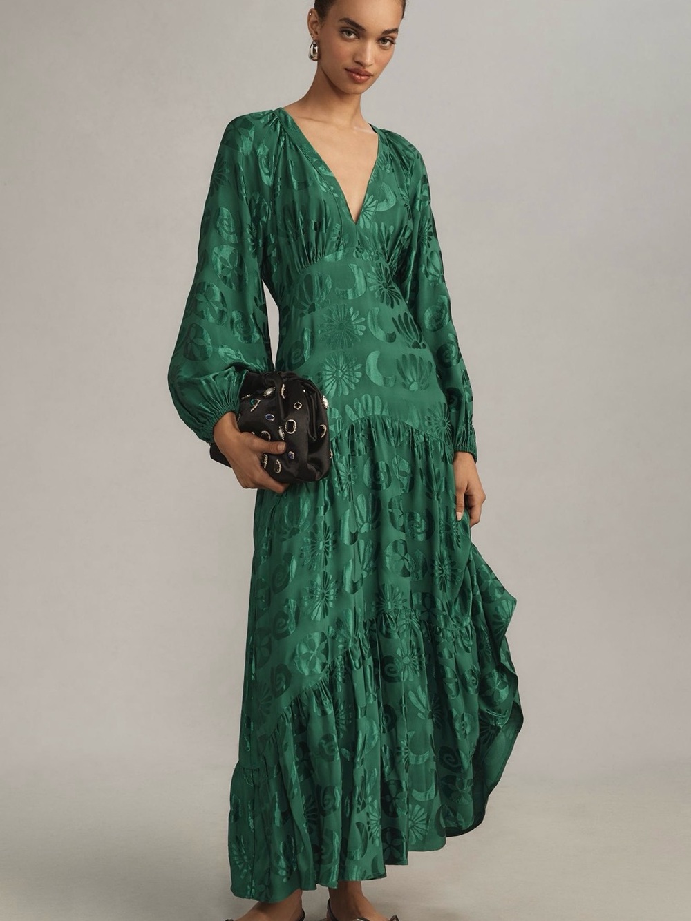 FARM Rio Emerald Green V-Neck Jacquard Tiered Maxi